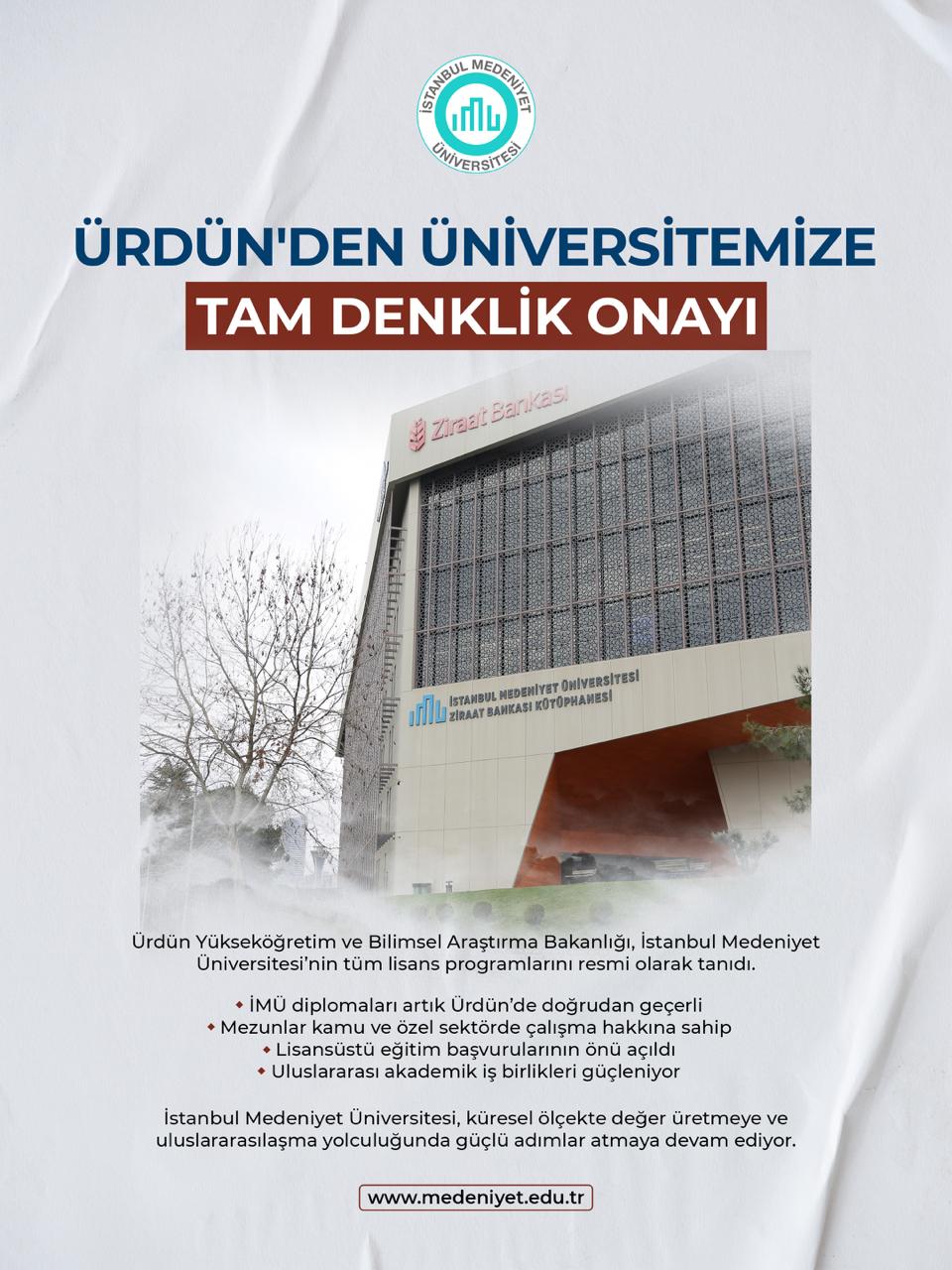 Ürdün’den İstanbul Medeniyet Üniversitesi’ne Tam Denklik Onayı